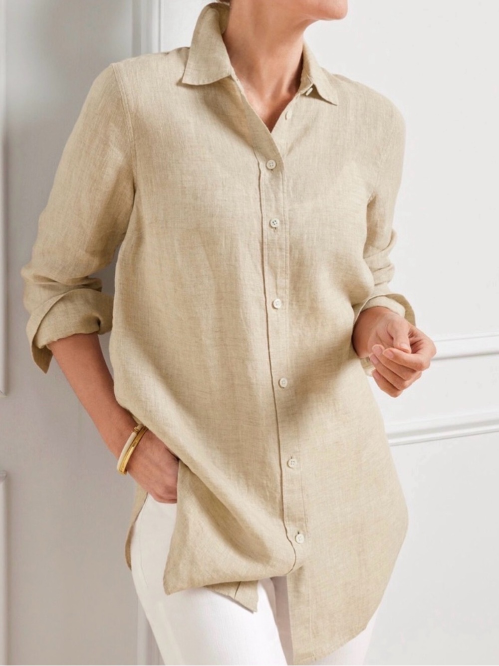Talbots Plus Linen Natural Oatmeal Beige Long-Sleeve Button-Down 2X in EUC